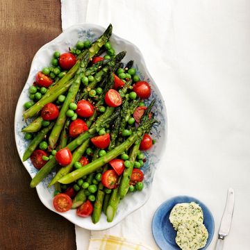 asparagus peas and tomatoes with herb butter
