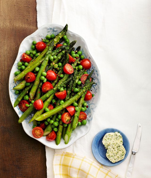 asparagus peas and tomatoes with herb butter

