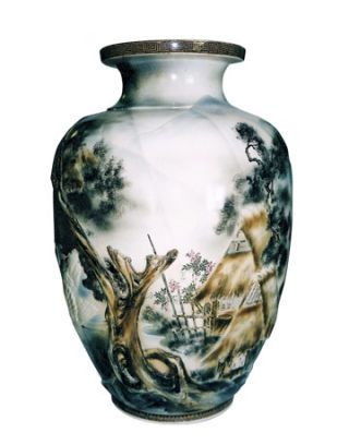white vase with painted rural hut scene