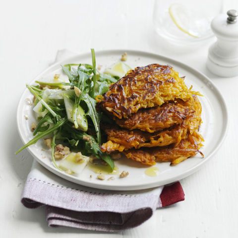curried squash pancakes with arugula and apple salad