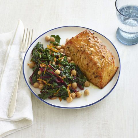 curried salmon with chard and chickpeas