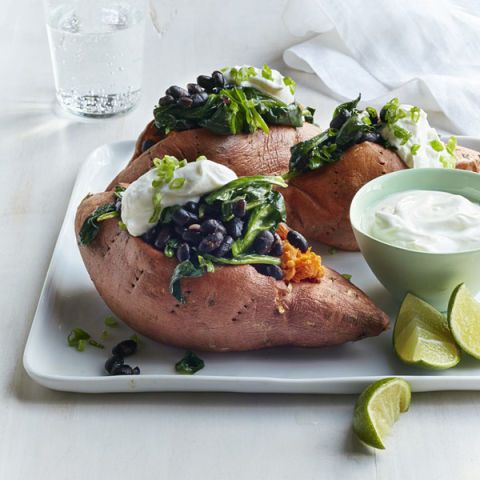sweet potatoes stuffed with black beans and spinach