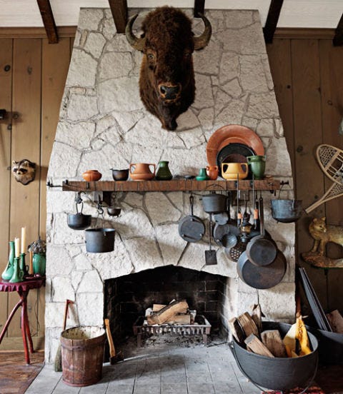 flagstone fireplace with buffalo head