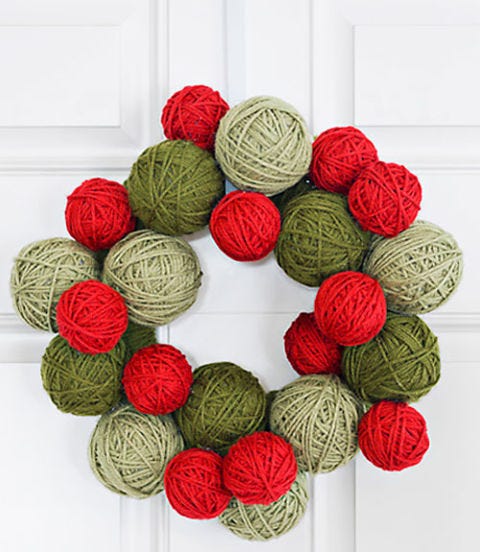 wreath made out of balls of yarn