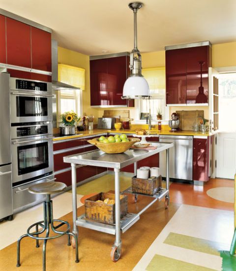 yellow and burgundy kitchen