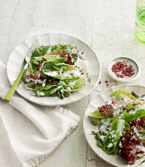 baby lettuces with goat cheese dressing pistachios and pink peppercorns