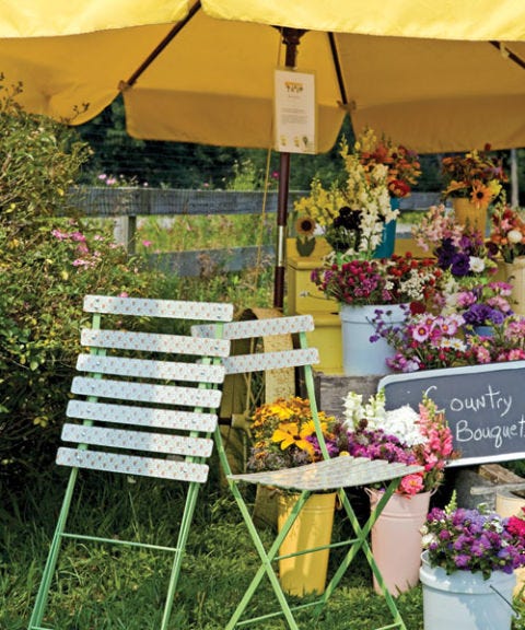 metal folding chairs under an umbrella