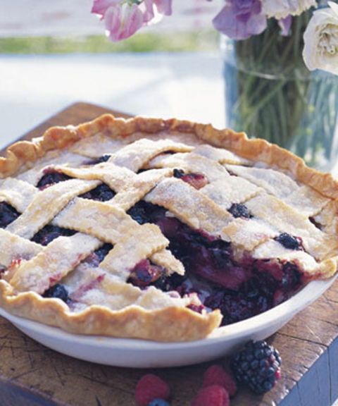 deep dish bumbleberry pie with lattice crust