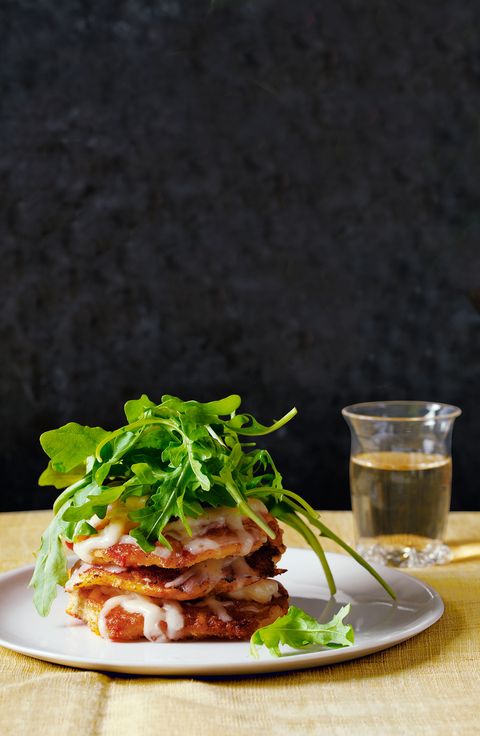 corn cake stacks with aged cheddar and arugula