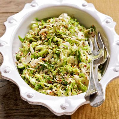 cold brussels sprout slaw with toasted benne seeds