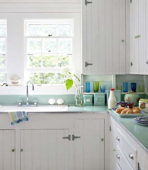 kitchen with blue green counters