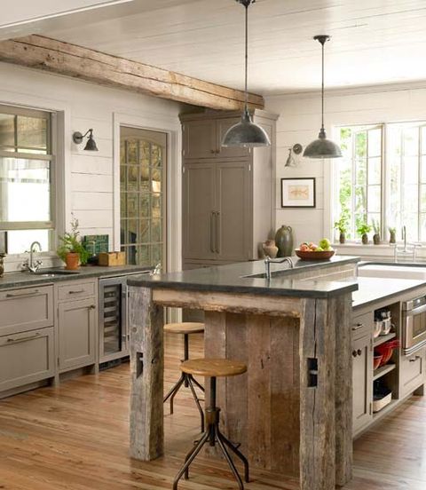 kitchen with wood and metal island