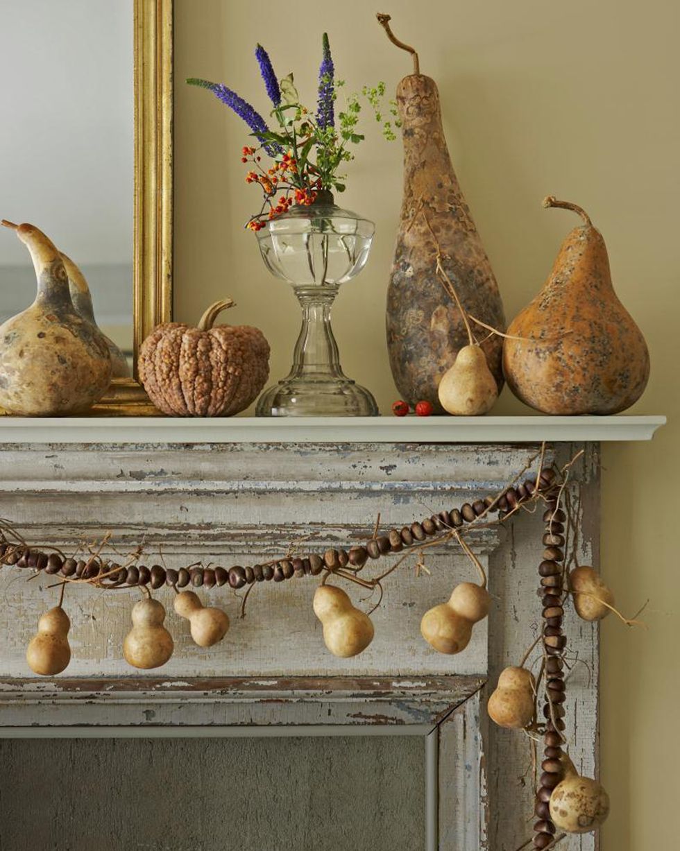 chestnut and gourd garland fall mantel