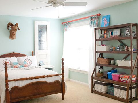Wood, Room, Interior design, Bed, Floor, Textile, Wall, Shelf, Ceiling, Ceiling fan, 