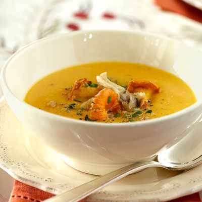 roasted pumpkin soup with mushrooms and chives