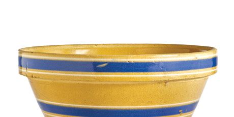 yellow bowl with two thick blue stripes