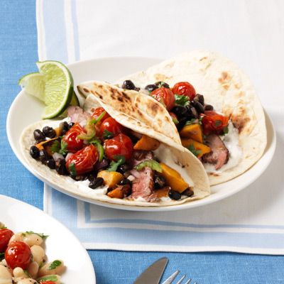 sweet potato bean and steak tacos with roasted tomato salsa