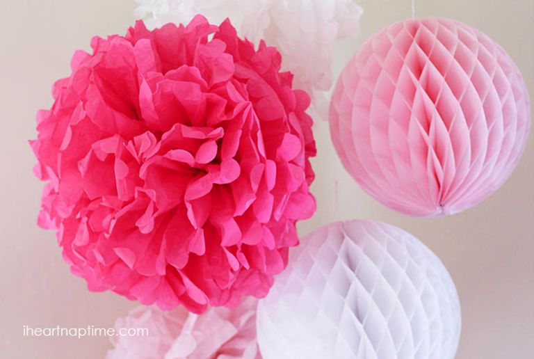Paper Balls Paper Pom Poms Themed Party Hanging Decor Favor Since Set of 14 Pcs Mixed Hot Gold Pink and White Color Paper Lanterns 