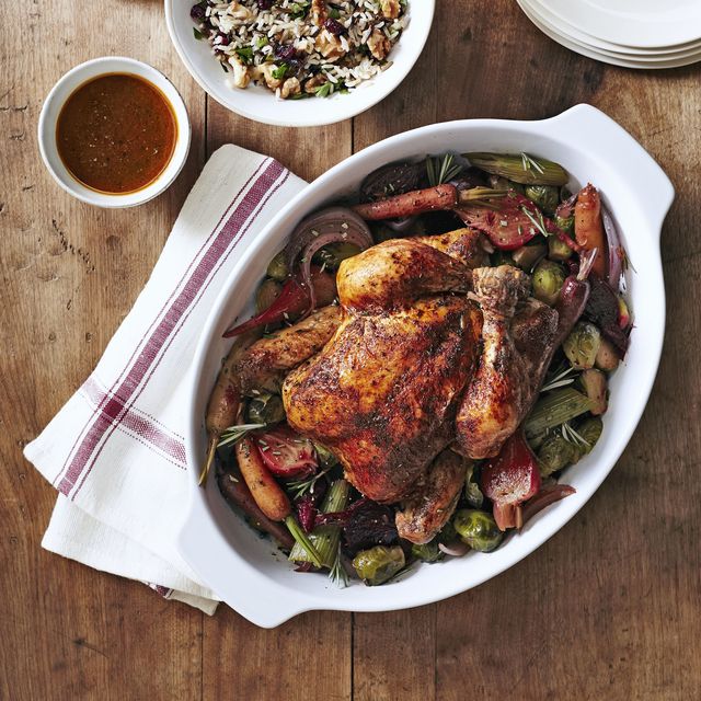 herbed chicken with beets and brussels