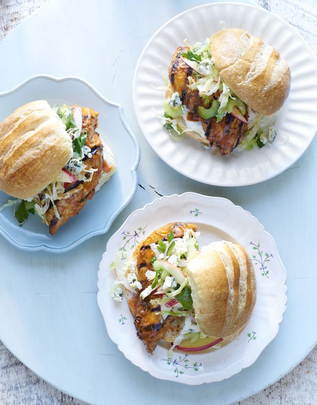 Grilled Buffalo Chicken Sandwiches with Blue Cheese Apple Slaw