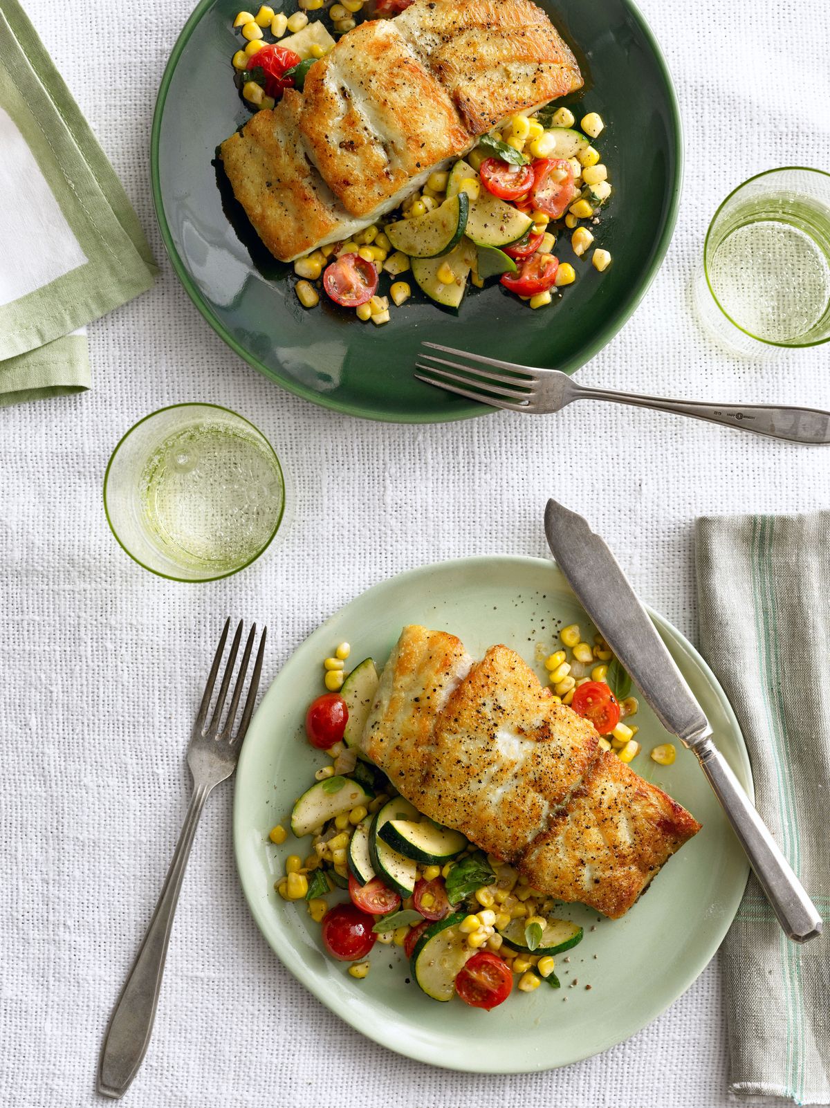 seared grouper with corn zucchini and tomato saute
