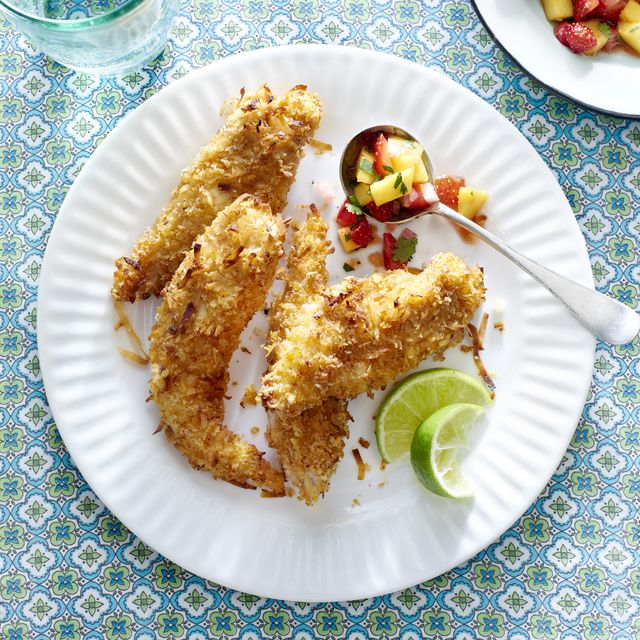 baked coconut tenders with strawberry mango salsa