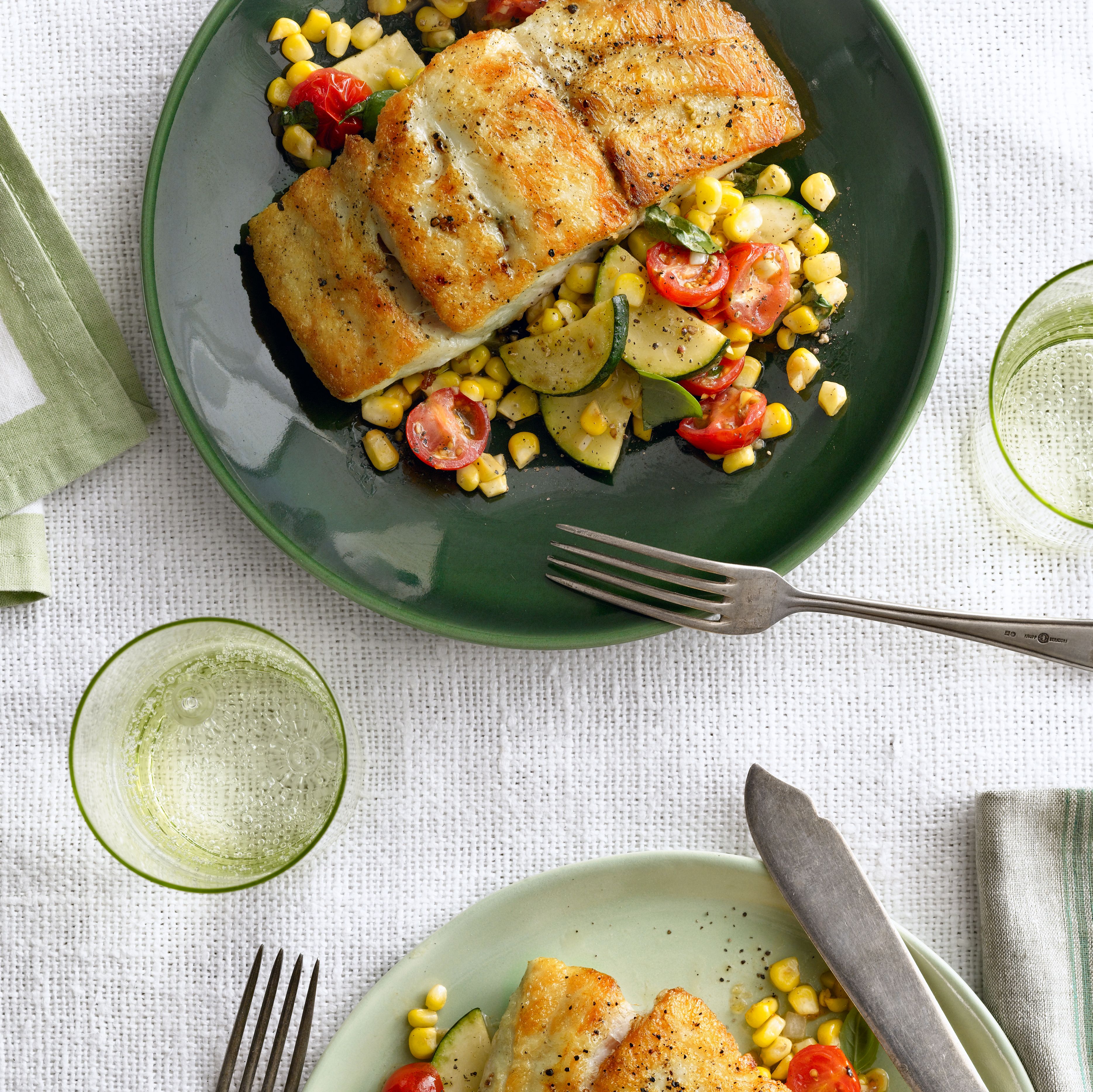 Summer Sunday Supper: Seared Grouper with Corn, Zucchini, and Tomato Sauté