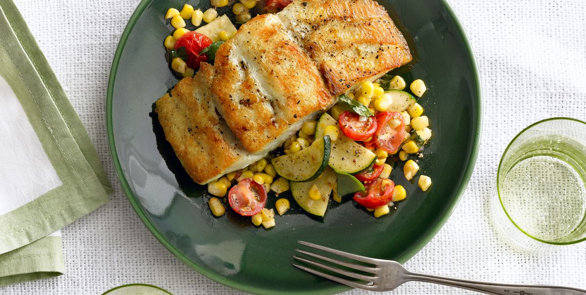 Seared Grouper with Corn, Zucchini, and Tomato Sauté