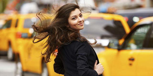 Yellow, Style, Street fashion, Vehicle door, Taxi, Long hair, Brown hair, Layered hair, Feathered hair, Makeover, 