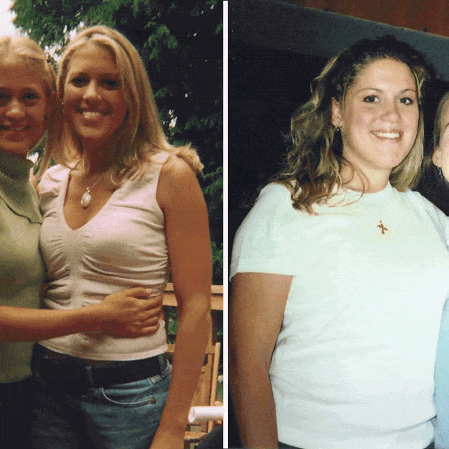 Andrea Gurnsey voor (links) en na (rechts) haar gewichtstoename door SRED