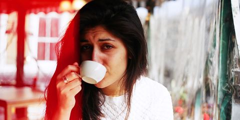 Lip, Jewellery, Cup, Drinking, Necklace, Chewing gum, Coffee cup, Serveware, Teacup, Portrait photography, 