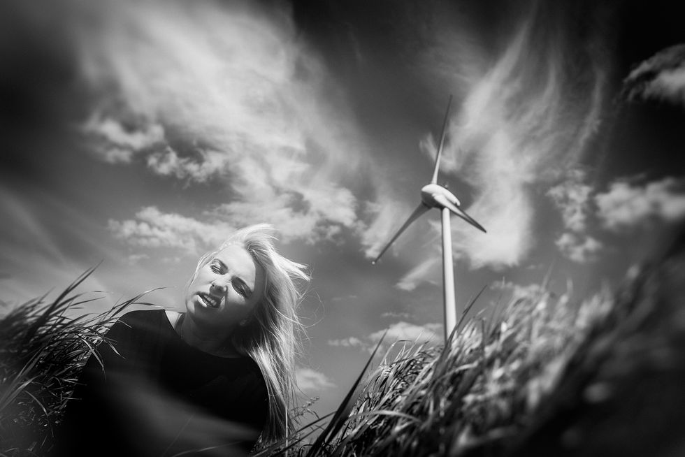 Monochrome, Monochrome photography, Wind, People in nature, Wind turbine, Sunlight, Black-and-white, Windmill, Grass family, Flash photography, 