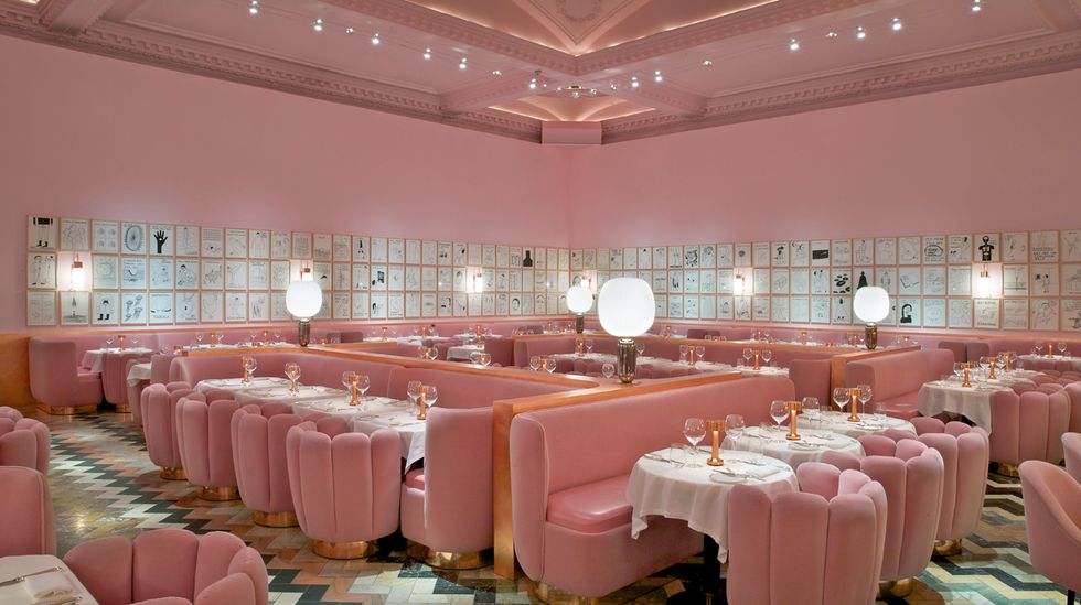 Tablecloth, Interior design, Textile, Ceiling, Wall, Room, Linens, Pink, Function hall, Decoration, 