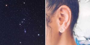 Ear, Earrings, Cheek, Hairstyle, Skin, Forehead, Eyebrow, Astronomical object, Body piercing, Eyelash, 