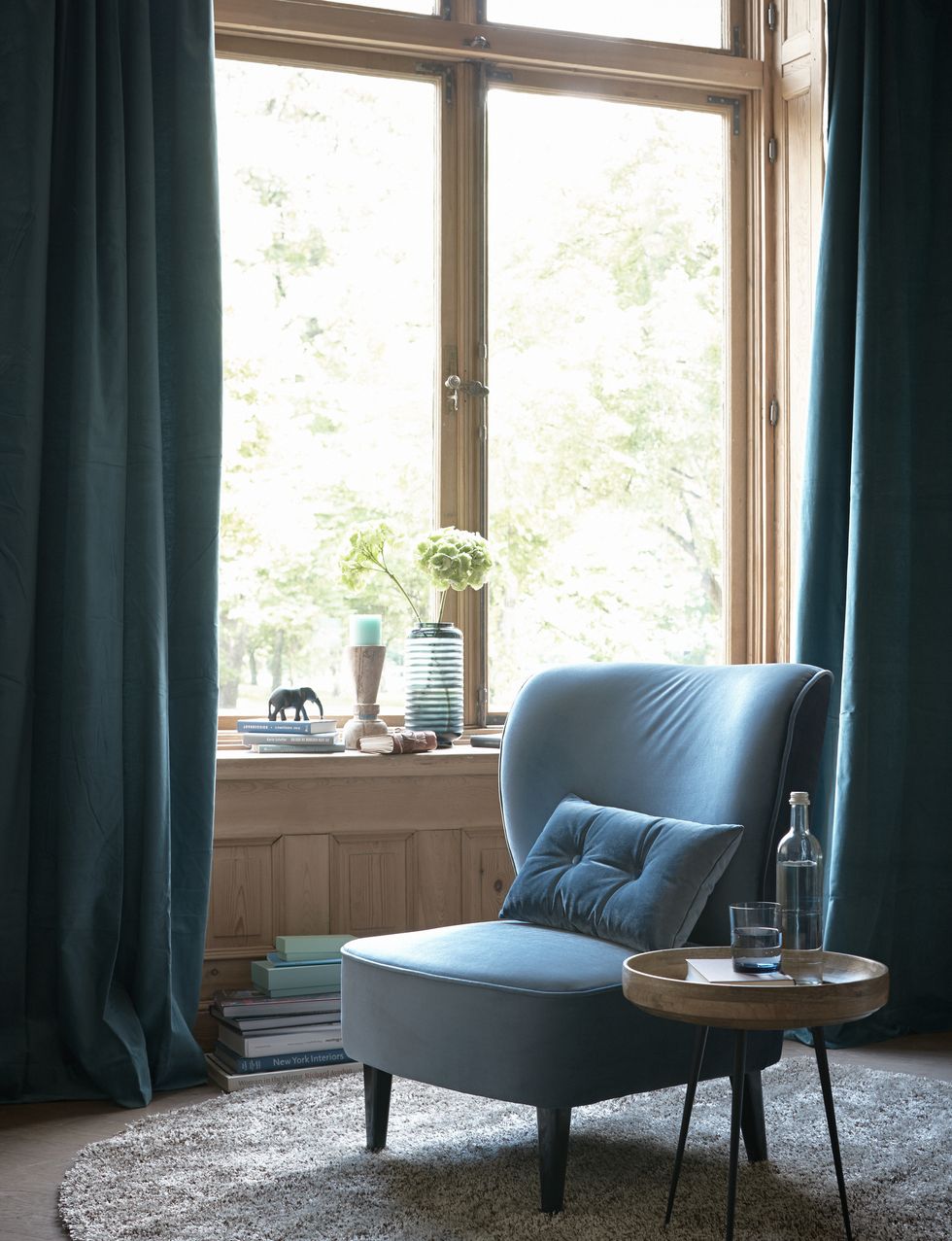 Curtain, Furniture, Room, Window treatment, Interior design, Blue, Chair, Couch, Living room, Window, 
