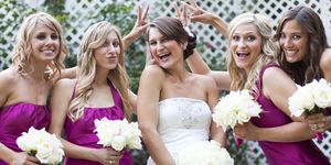 Clothing, Face, Smile, Yellow, Dress, Bouquet, Purple, Photograph, Bridal clothing, Happy, 