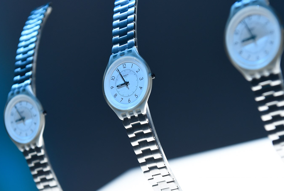 Analog watch, Watch, Blue, Watch accessory, Fashion accessory, Material property, Font, Brand, Electric blue, Silver, 