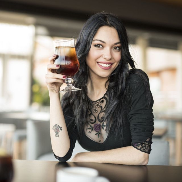 Beauty, Yellow, Smile, Photography, Black hair, Drink, Long hair, Portrait photography, Glass, Photo shoot, 
