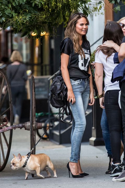 Chrissy walks her French Bulldog Pippa in New York City on Oct. 16, 2014. 