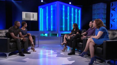 Footwear, Leg, Lighting, Sitting, Interaction, Stage, Conversation, Electric blue, Coffee table, Television program, 