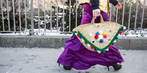 Textile, Magenta, Purple, Winter, Costume accessory, Violet, Tradition, Costume, Snow, Street fashion, 