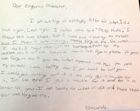 Sixth Grader Pranks 911 With Deez Nuts Call Parents Force Him To Deliver Handwritten Apology Sixth Grader Pranks 911 With Deez Nuts Call Parents Force Him To Deliver Handwritten Apology