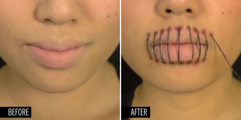 This Super Creepy Stitched Mouth Makeup Tutorial Is Perfect For Halloween 