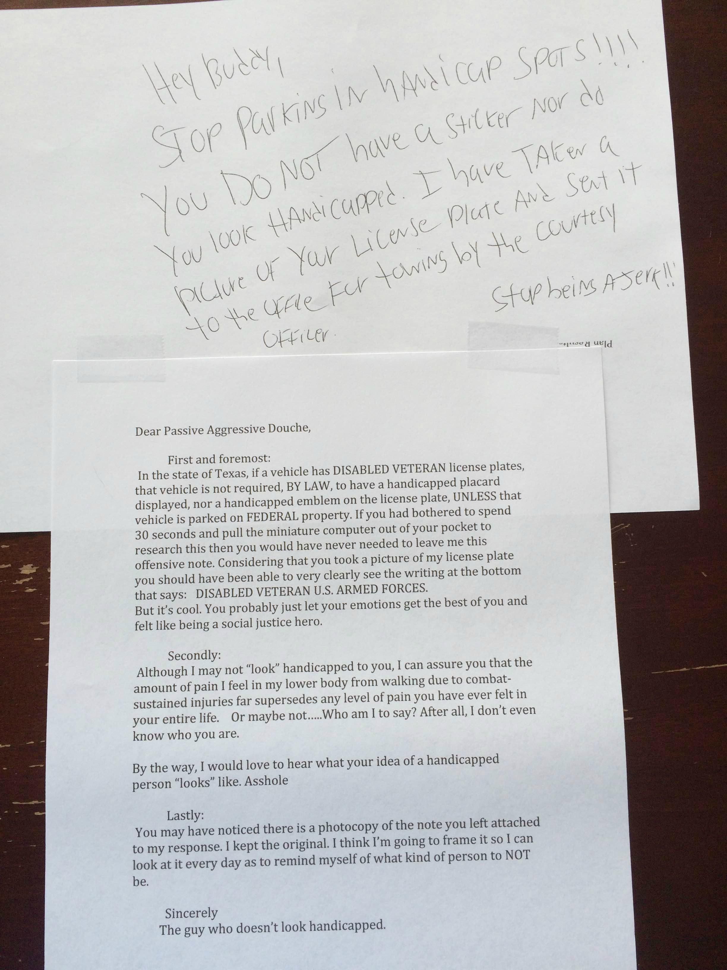 Disabled Veteran Writes Epic Note To Person Who Said He Didnt Look Handicapped Disabled Veteran Writes Epic Note To Person Who Said He Didnt Look Handicapped