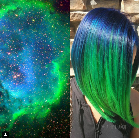 Green, Colorfulness, Purple, Wig, Space, Bangs, Astronomical object, Electric blue, Teal, Violet, 