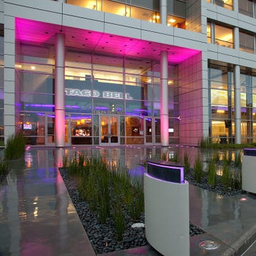 Commercial building, Facade, Purple, Magenta, Mixed-use, Metropolitan area, Reflection, Condominium, Urban design, Headquarters, 