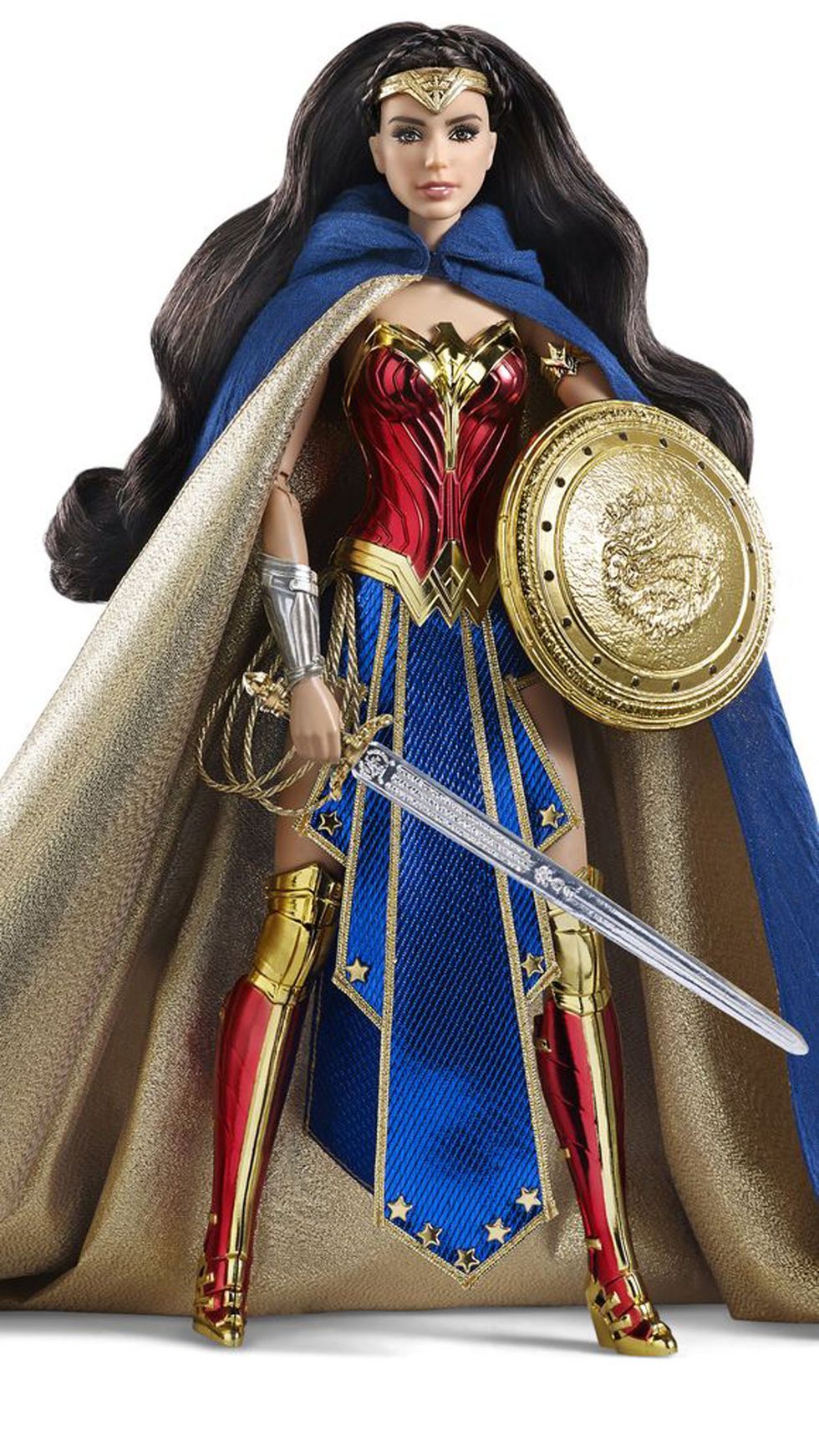 Toy, Fictional character, Costume design, Cloak, Long hair, Costume, Costume accessory, Sculpture, Brass, Action figure, 