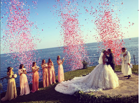 Clothing, Dress, Happy, People in nature, Colorfulness, Ceremony, People on beach, Gown, Bridal clothing, Magenta, 