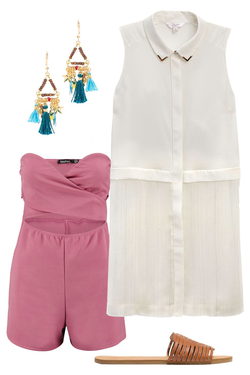 <p>Take the top from boardroom boss to total beach babe with a few key accessories. Wear it open over a cheeky cut-out romper, and slip on neutral sandals and colorful tassel earrings. Hellooo, weekend!<em> </em></p><p><em><br></em></p><p><em><i><a href="http://www.kohls.com/product/prd-2586786/juniors-candies-button-front-tunic-shirt.jsp?color=Marshmallow&cid=DIS16FallTPR4&utm_campaign=201607_Candies_Cosmo&utm_medium=3p_dis&utm_source=Candies&utm_content=ad_1" target="_blank">Button-Front Tunic Shirt</a>, CANDIE'S, $38</i></em>; <em><a href="http://www.boohoo.com/boohoo/ebiz/boohoo/invt/dzz71948" target="_blank">Ava Strapless Bandeau Cut Front Playsuit</a></em><i>, BOOHOO, $26; <a href="http://www.revolve.com/shashi-lilu-charm-earrings-in-pyrite/dp/SHAS-WL40/?d=Womens" target="_blank">Lilu Charm Earrings</a>, SHASHI, $66; <a href="https://www.madewell.com/madewell_category/SHOESANDBOOTS/sandals/PRDOVR~F1691/F1691.jsp?color_name=english-saddle" target="_blank">The Willa Slide Sandal</a>, MADEWELL, $59.99<strong></strong></i></p>
