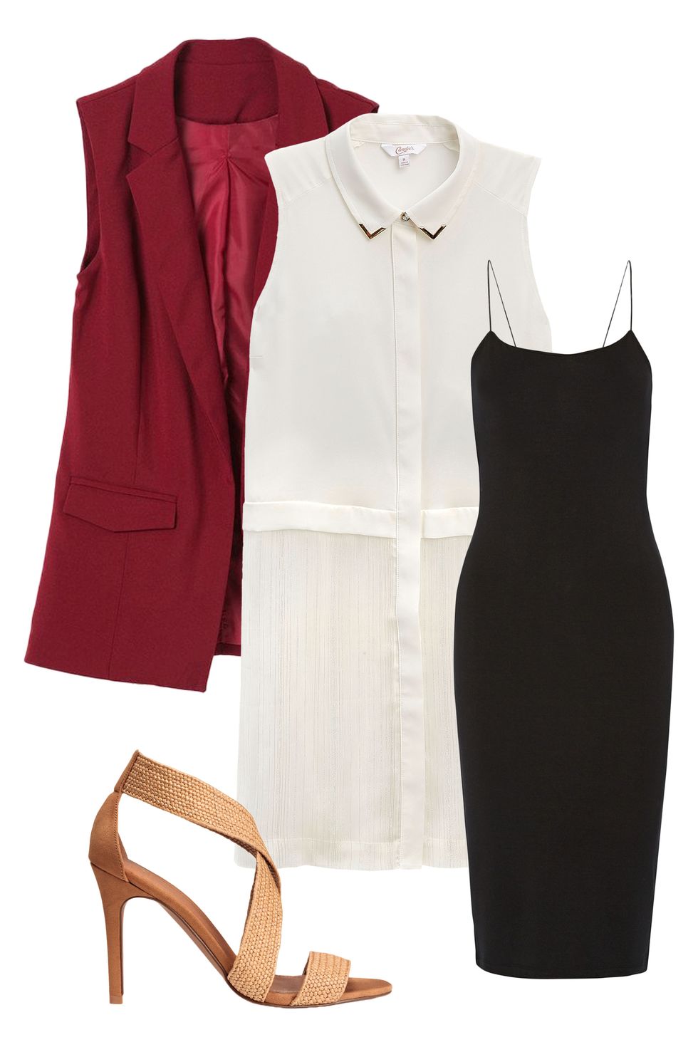 <p>Pair this crisp button-down number with a fitted jersey dress <em>and</em> longline sleeveless vest. These pieces are thin enough to work into your look without making you look like the Michelin Man, while the contrasting hues will set your style apart from a sea of navy pencil skirts. Finish up with a neutral strappy heel, and you're ready to nail that morning meeting. (Actually, an iced coffee would be nice...)</p><p><span></span></p><p><em><br></em></p><p> <em><i><a href="http://www.kohls.com/product/prd-2586786/juniors-candies-button-front-tunic-shirt.jsp?color=Marshmallow&cid=DIS16FallTPR4&utm_campaign=201607_Candies_Cosmo&utm_medium=3p_dis&utm_source=Candies&utm_content=ad_1" target="_blank">Button-Front Tunic Shirt</a>, CANDIE'S, $38</i></em>; <em><a href="https://www.net-a-porter.com/us/en/product/732125/t_by_alexander_wang/cutout-stretch-modal-jersey-dress" target="_blank">Cutout Stretch-Modal Jersey Dress</a>, T BY ALEXANDER WANG, $155; <a href="http://genuine-people.com/products/red-sleeveless-silky-chiffon-vest?variant=10388923589" target="_blank">Sleeveless Long Vest</a>, GENUINE PEOPLE, $45;  <a href="http://www.hm.com/us/product/46894?article=46894-B" target="_blank">Natural Sandals</a>, H&M, $39.99</em></p>